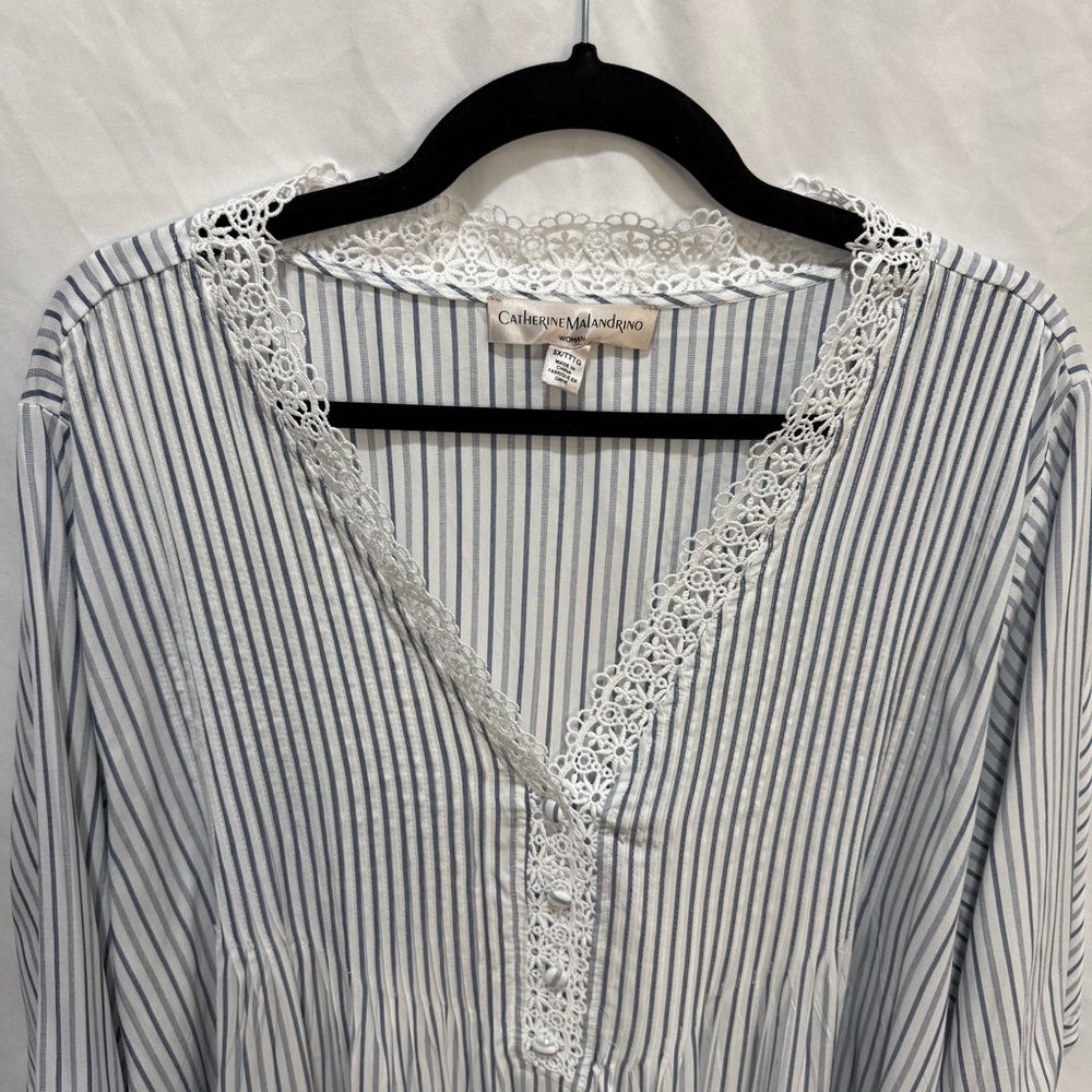 Catherine Malandrino 3X Striped Boho Blouse Lace Trim Top Cottagecore Coastal‎ - Picture 4 of 15